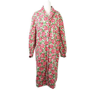 Vintage 80s cream and pink rose floral print midi shirt dress L